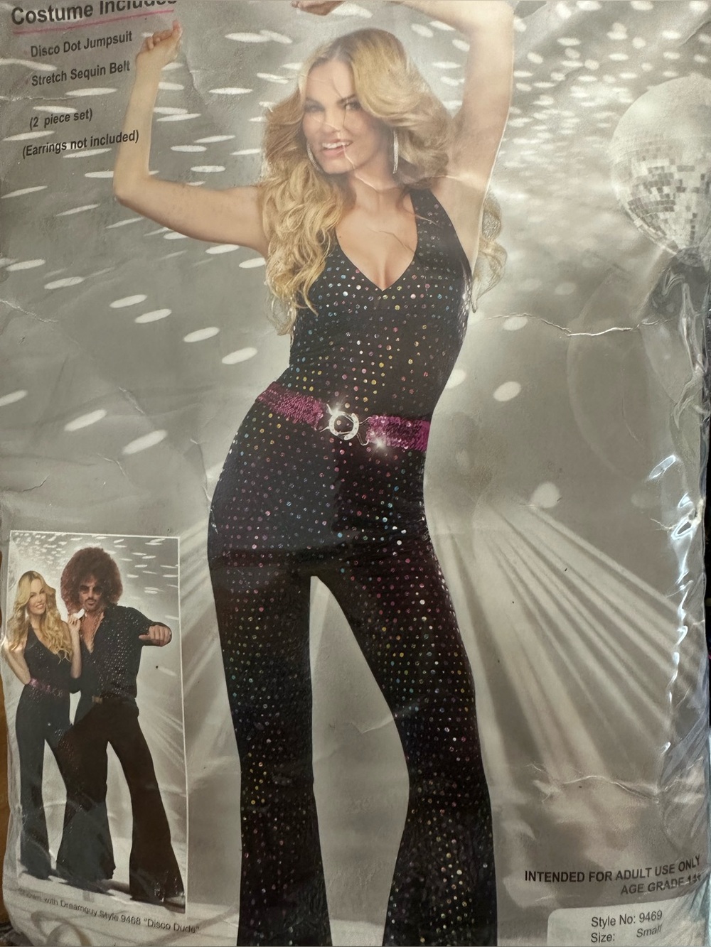 Women’s Black Sequin Halter Disco Jumpsuit with Pink Belt